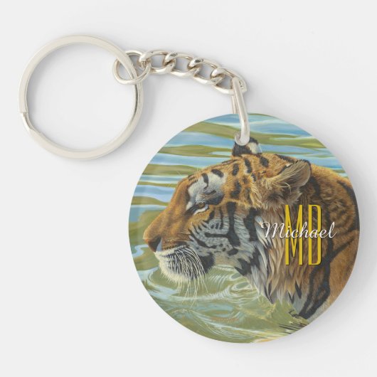 Tijger schilderen, Monogram & Script naam personal Sleutelhanger (Voorkant)