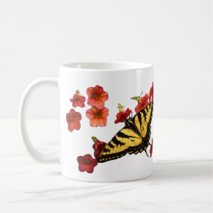 Tijger Swallowtail Butterfly met rode bloemen Koffiemok
