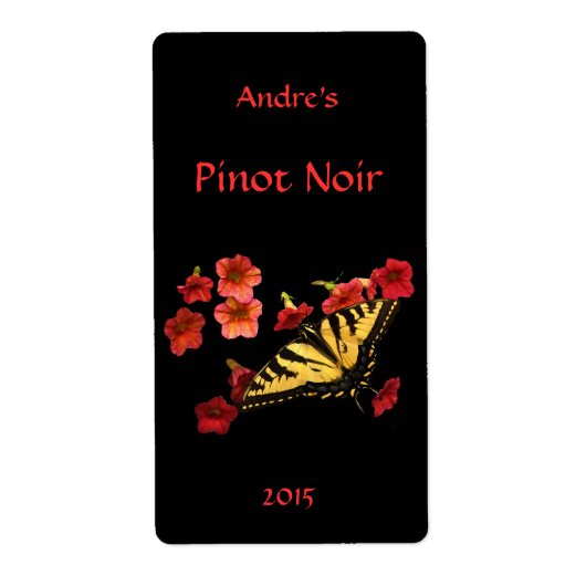Tijger Swallowtail op Red Floral Wine Label (Voorkant)