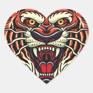 Tijger volledig gezicht Oudescholen tatoeage stijl Hart Sticker