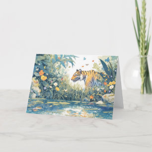 Tijger wandelt door de bloeiende jungle kaart