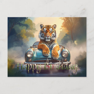 Tijger zittend op een sportauto Gefeliciteerd met Briefkaart