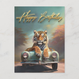 Tijger zittend op een sportauto Gefeliciteerd met Briefkaart