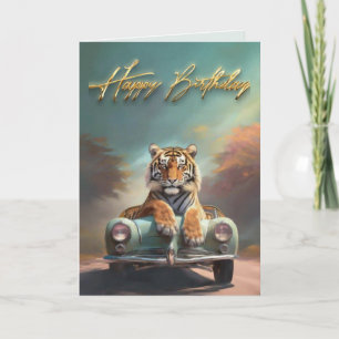 Tijger zittend op een sportauto Gefeliciteerd met  Kaart
