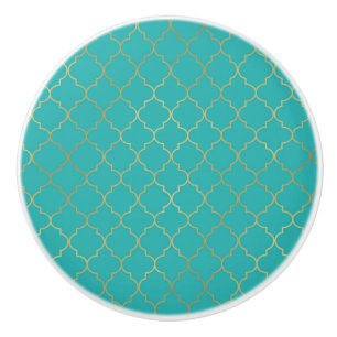 Tijgerblauw & Gouden Quatrefoil Patroon Keramische Knop