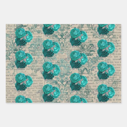 Tijgerblauw Zilveren Bloemmotief in Damaststijl Inpakpapier Vel (Voorkant)