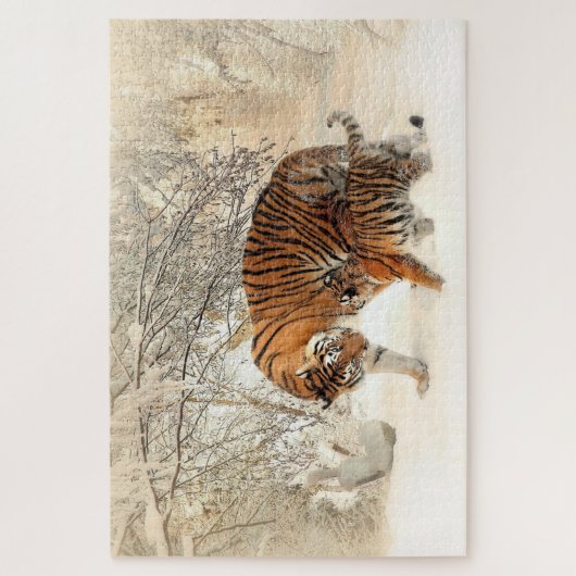 Tijgerfamilie in het winterlandschap Jigzaag Puzzl Legpuzzel (Verticaal)
