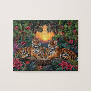 Tijgerfamilie Zonsondergang Jungle Tropische Kunst Legpuzzel