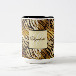 Tijgerhuid, monogram, stijlvol, tijger, gestreept tweekleurige koffiemok