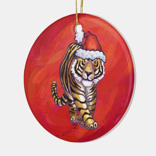 TijgerKerstmis op rood Keramisch Ornament (Links)
