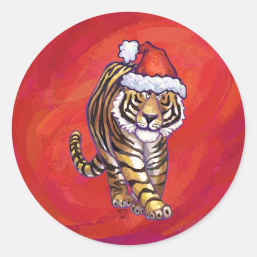 TijgerKerstmis op rood Ronde Sticker (Voorkant)