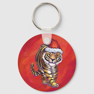 TijgerKerstmis op rood Sleutelhanger