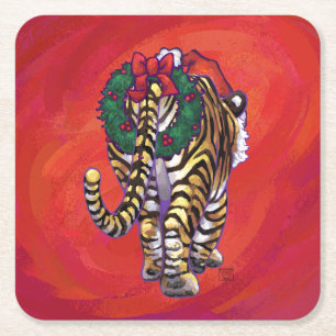 TijgerKerstmis op rood Vierkante Kartonnen Onderzetter