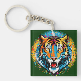 Tijgerkop Regenboog kleuren verf vlekken Sleutelhanger