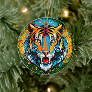 Tijgerkop Regenboogkleuren verf vlekken Keramisch Ornament