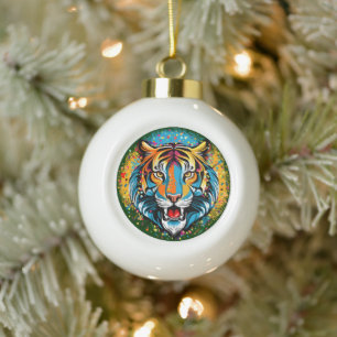 Tijgerkop Regenboogkleuren verf vlekken Keramische Bal Ornament