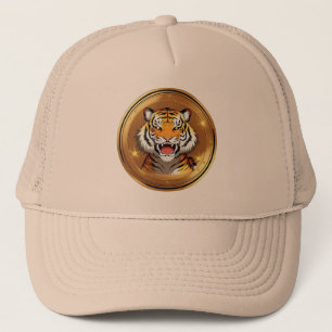 Tijgerkopembleem op een gouden cirkelvormige achte trucker pet
