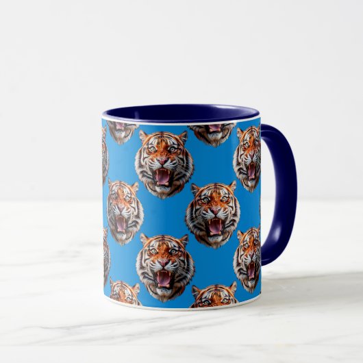 Tijgerkoppatroonontwerp Blauw Mok (Voorkant rechts)