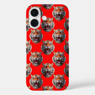 Tijgerkoppatroonontwerp Rood iPhone 16 Hoesje
