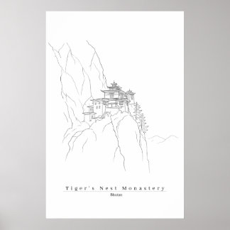 Tijgernest Bhutan Minimalistische Lijnkunst Paro T Poster