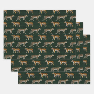 Tijgers en luipaarden op groen inpakpapier vel