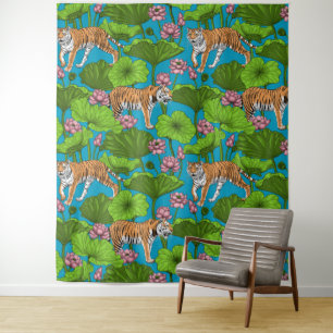 Tijgers in de roze lotusvijver wandkleed