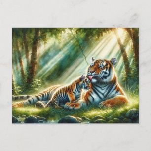 Tijgers in het zonovergoten bos schilderen briefkaart