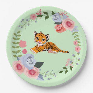 Tijgerwelp Bloemen Baby Shower Papieren Bordje