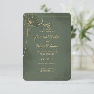 Tijloos groen gouden bloemige elegante trouwuitnod