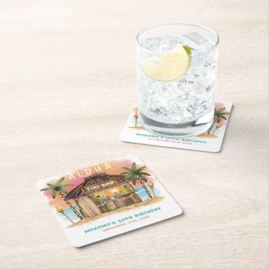Tiki Beach Bar Tropisch Zee Verjaardag Vierkante Kartonnen Onderzetter (Insitu)