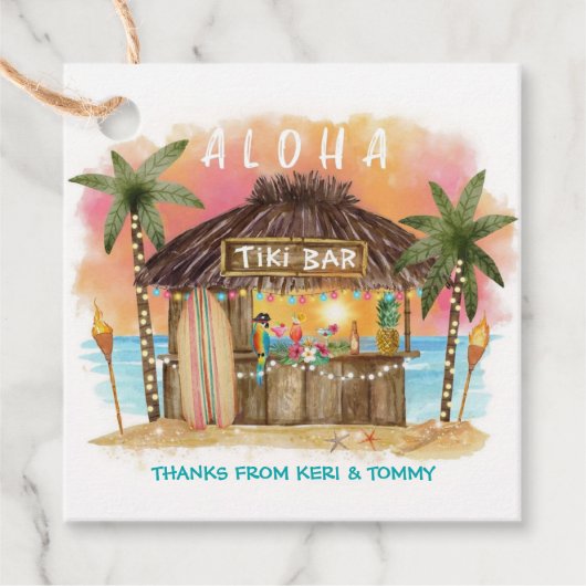 Tiki Beach Bar | Tropisch zonnescherm en Zee-Surf Bedankjes Labels (Voorkant)