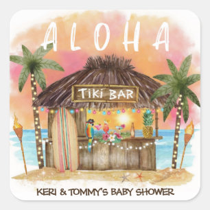 Tiki Beach Bar Tropische Surf & Zee Baby Shower Vierkante Sticker