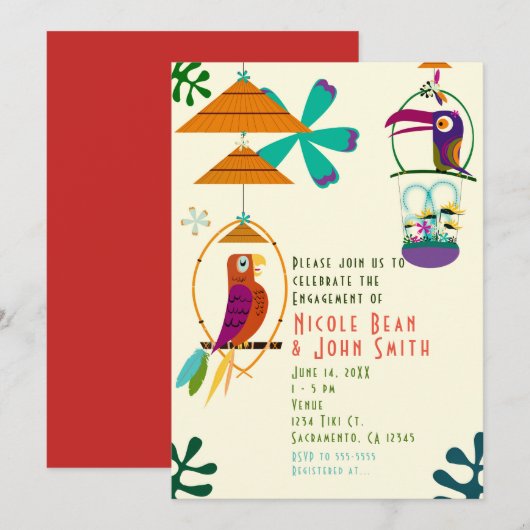 Tiki Birds Retro Vintage Luau Invitations (Devant / Derrière)