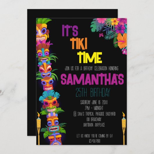 Tiki Heure Anniversaire Fête Invitation (Devant / Derrière)