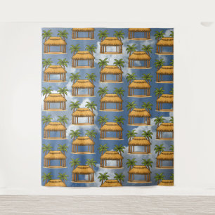 Tiki Hut Cartoon tegen wolken Wandkleed