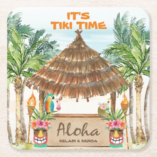 Tiki Luau | Tropisch strand Aloha Vierkante Kartonnen Onderzetter (Voorkant)