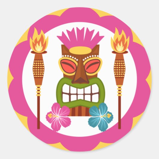 Tiki standbeeld met fakkels ronde sticker (Voorkant)