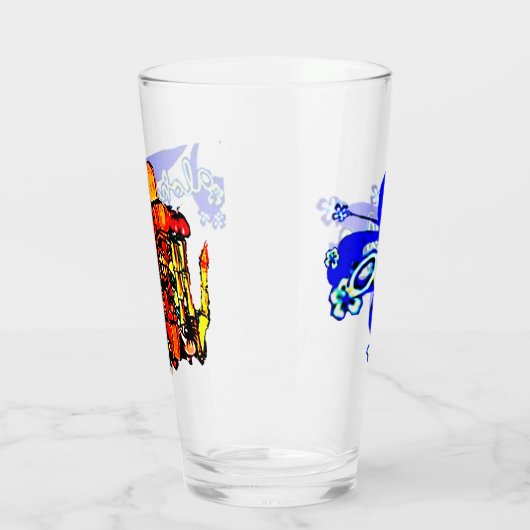 Tiki Statue met Menehune en Hibiscus Glas (Links)