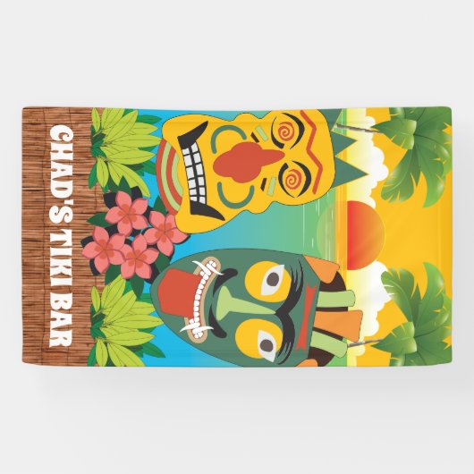 Tiki-tijd in heldere kleuren met maskers en zonson spandoek (Horizontaal)