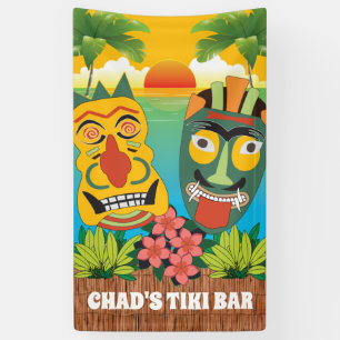 Tiki-tijd in heldere kleuren met maskers en zonson spandoek