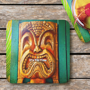 Tiki Time  Hawaii Tropisch Fierce Hout Gezicht Vierkante Kartonnen Onderzetter