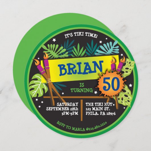 TIKI TIME LUAU Invitation de fête d'anniversaire (Devant / Derrière)