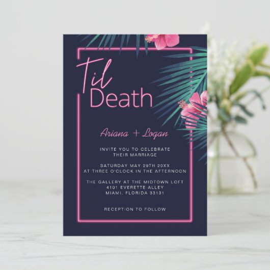 Til Death Do us Part Neon Pink Tropische bruiloft Kaart (Staand voorkant)