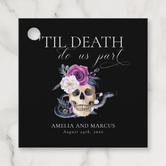 'Til Death Do US Part Paars & Black Wedding Invdin Bedankjes Labels (Voorkant)