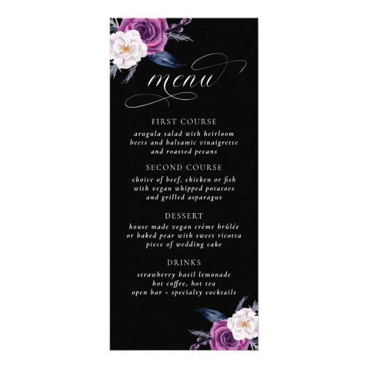 'Til Death Do us Part Paarse & Zwart Bruiloft Menu (Voorkant)