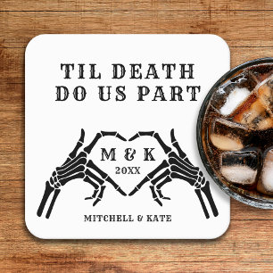 Til Death Do us Part Skelet Hart Hand Wedding Vierkante Kartonnen Onderzetter