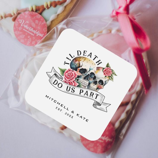Til Death Do us Part Skulls & Rozen White Wedding Vierkante Sticker