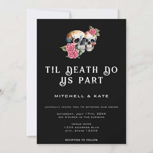 Til Death Do us Part Skulls & Rozen Zwart Bruiloft Kaart (Voorkant)
