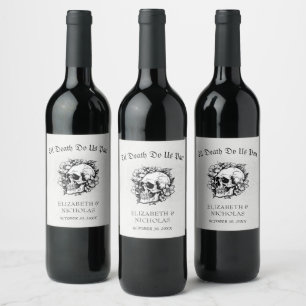 Til Death Gothic Bloemen Schedel Halloween Bruilof Wijn Etiket