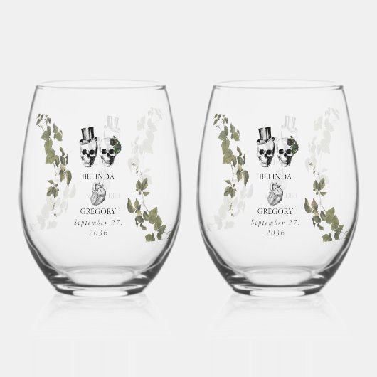 Til Death Gothic Heart Bloemenschedels Trouwgunst Wijnglas Zonder Voet (Achterkant)